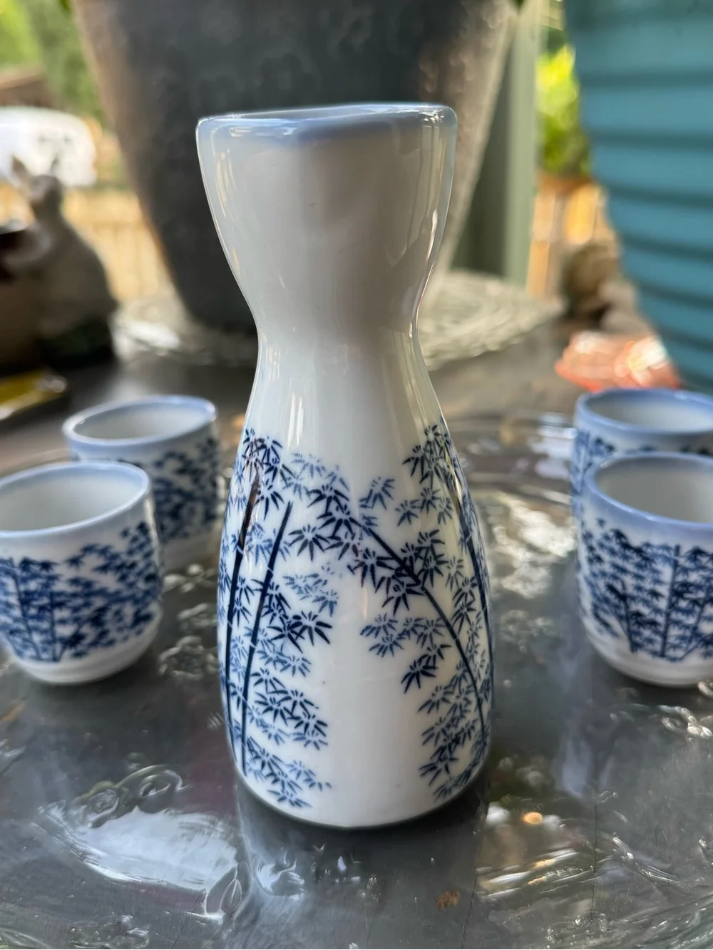 Kafuh Japan Blue & White Bamboo Porcelain Vintage Sake Set - 5 Pc